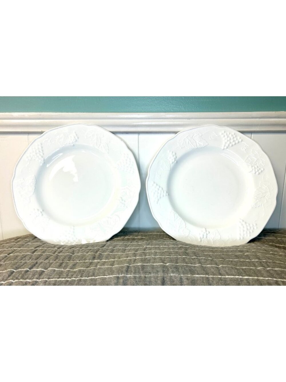Set Of 2 Vintage Indiana Glass Colony Harvest Milk Glass 9.75” Plates grape leaf
